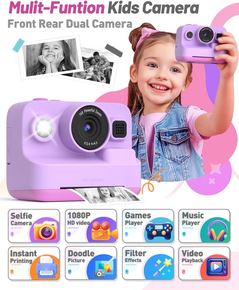 Yehtta Kids Camera Instant Print, Dual-Lens Front Rear Selfie Camera for Kids, Christmas Birthday Gifts Toys for 3-12 Year Old Boys Girls, 2.4in Screen 1080P Kids Digital Cameras with 32G Card - Image 2